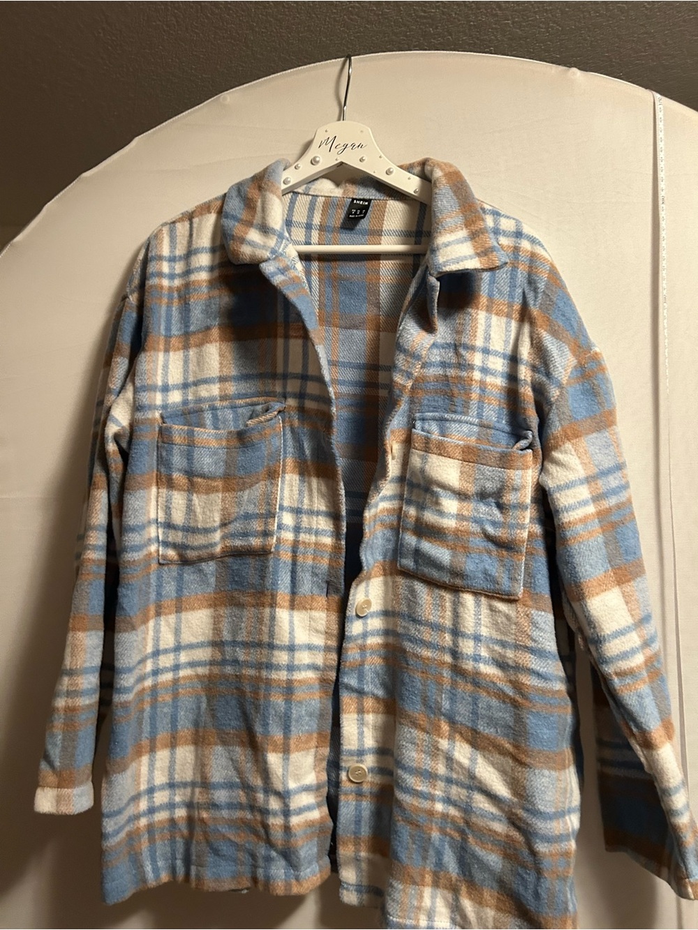 SHEIN Blue White & Tan Plaid Button-Up Shacket
